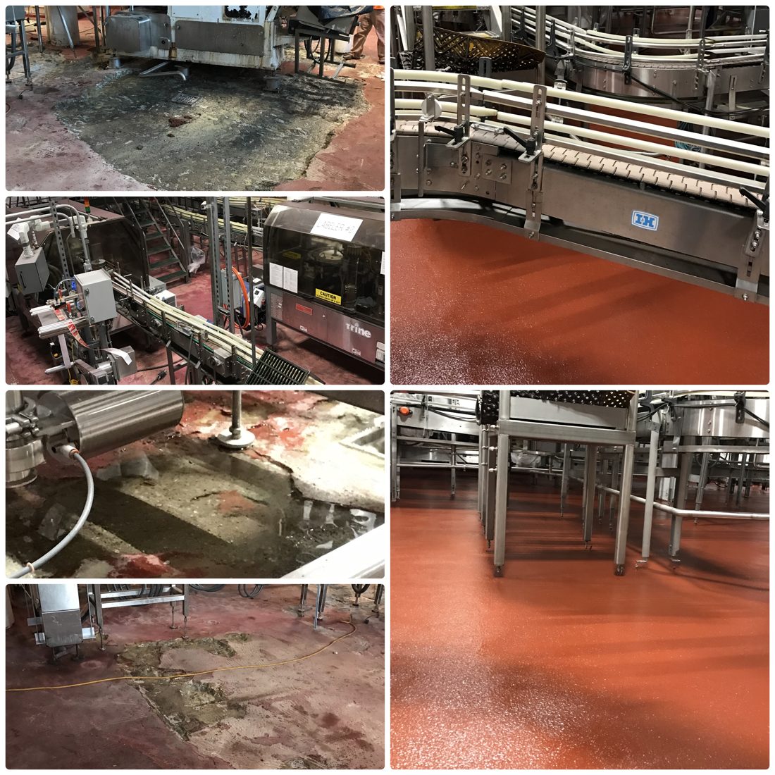 Beverage plant bottling line before and after: failed floor replaced with seamless urethane mortar