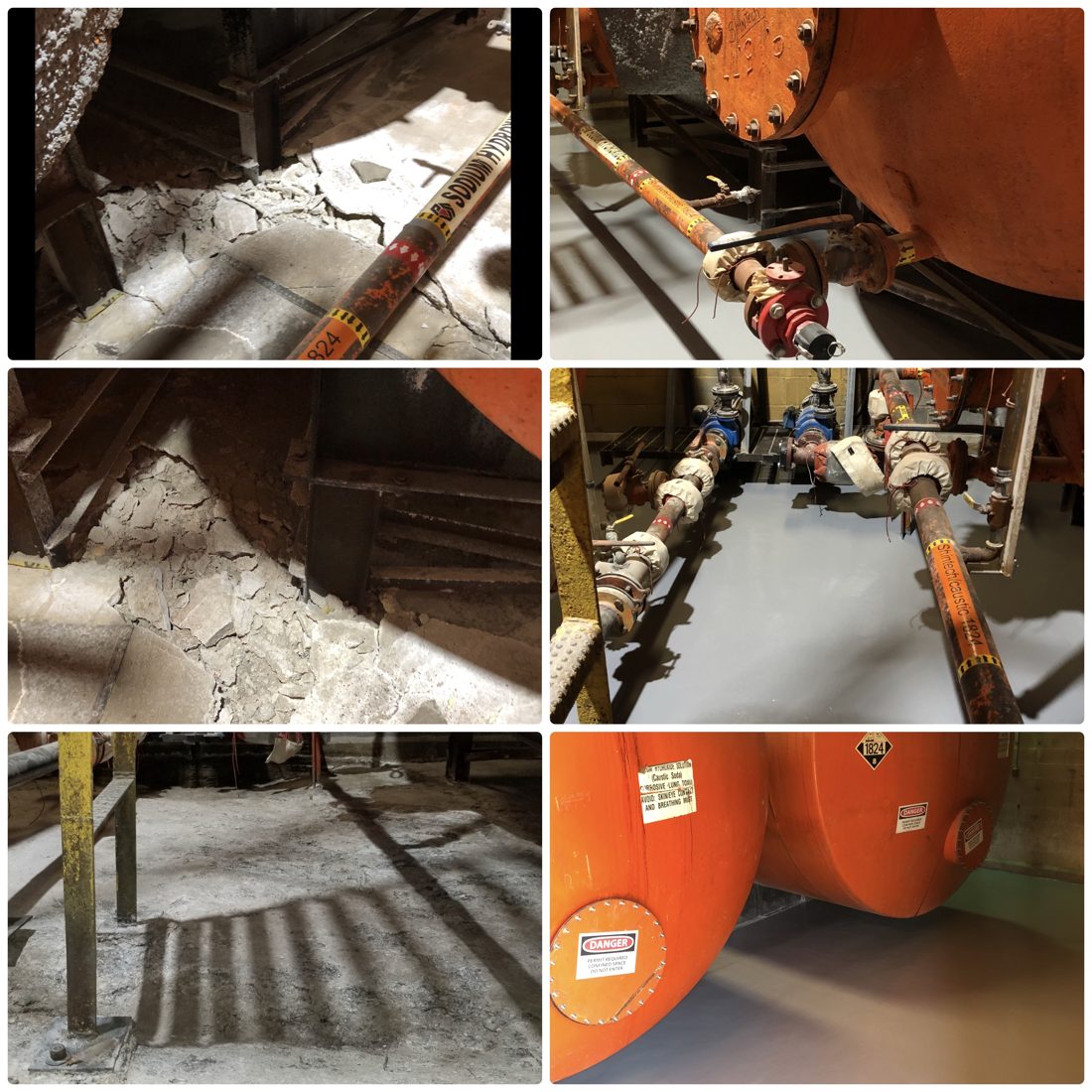 Collage of secondary containment installation work at a chemical facility