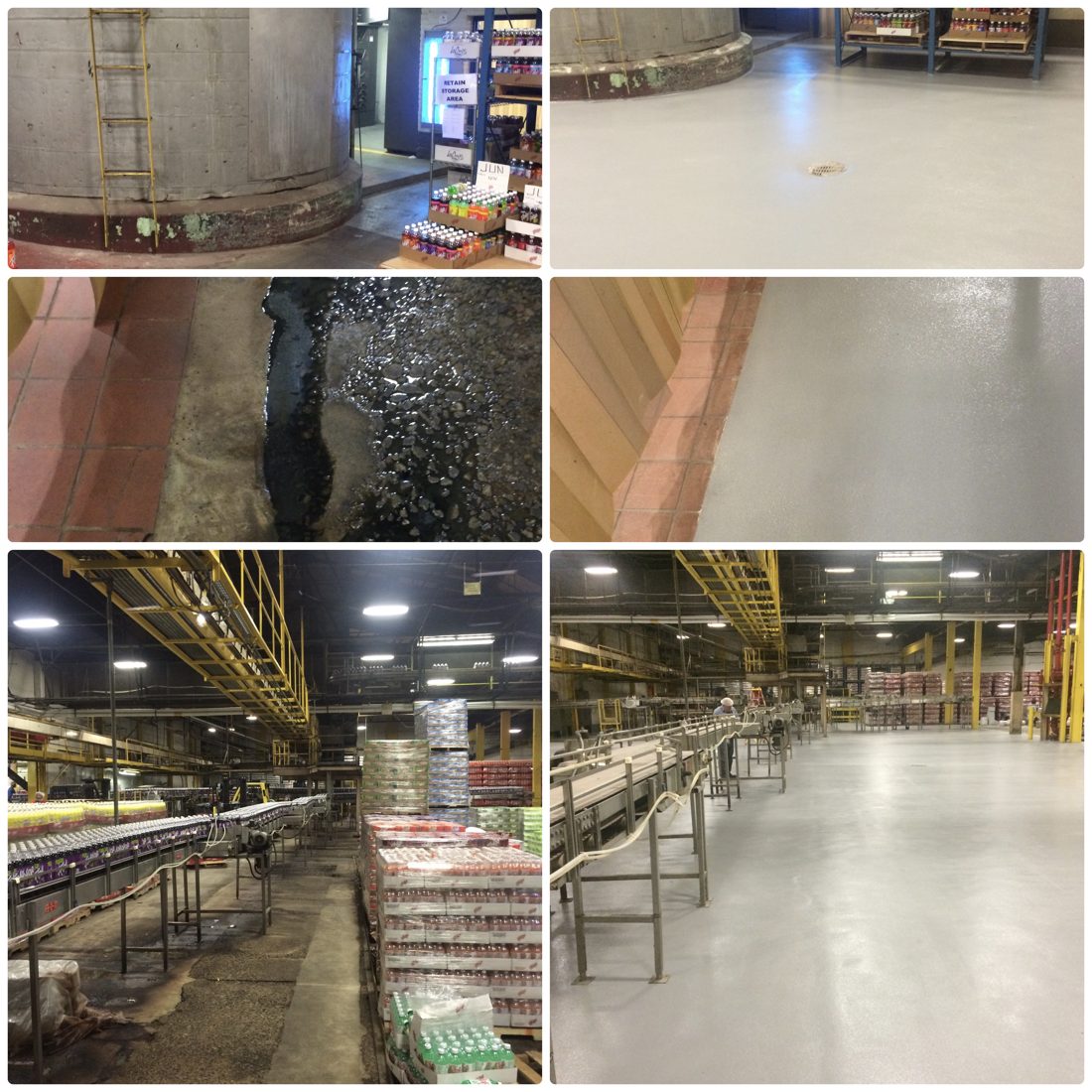 Beverage filler line before and after: deteriorated floor replaced with seamless pigmented urethane system