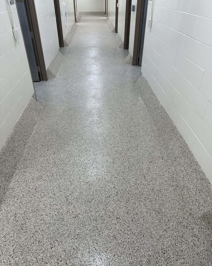 Vivarium corridor with seamless flake broadcast floor and integral cove bases at both walls