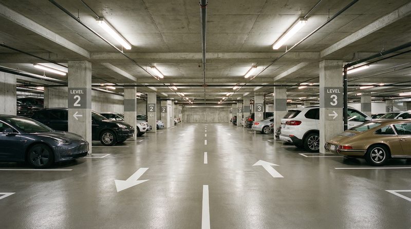 Parking structure deck with traffic-coated wear surface and striping