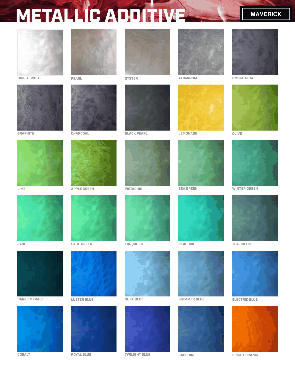 Maverick metallic additive color chart, page 1 — stock metallic pigment colors for MavCoat Metallic systems