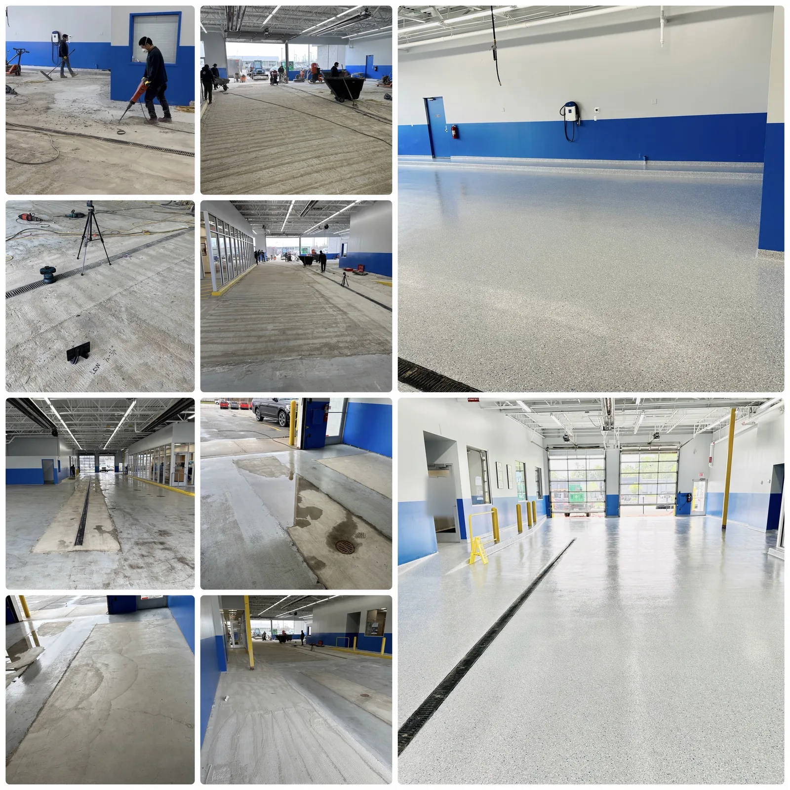 Dealership service drive: trench drain and slab demolition, surface grinding and patching, then a light-grey flake floor with cove base and new drain grates, before and after