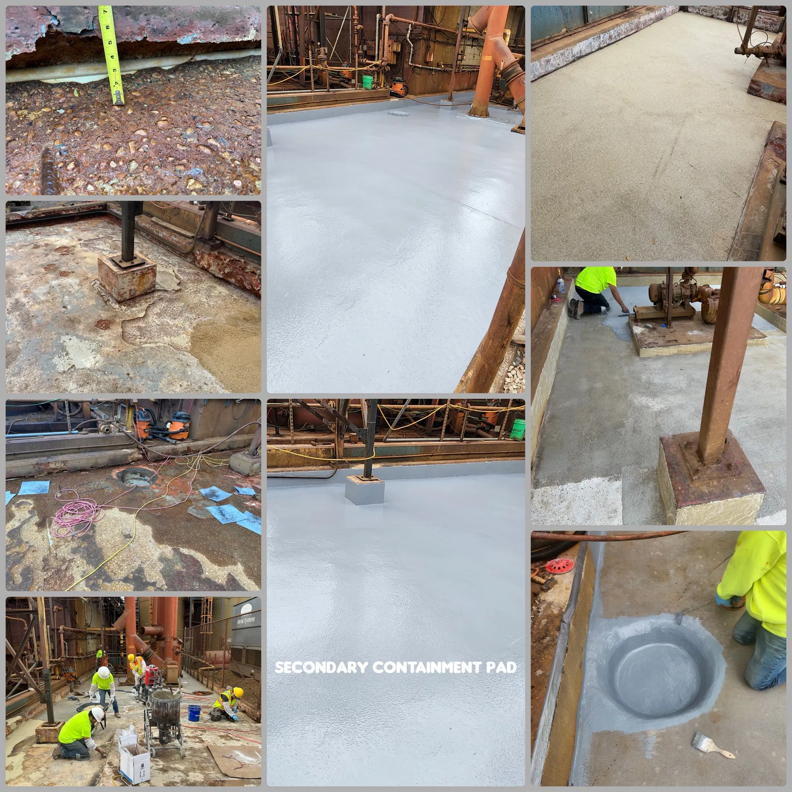 Secondary containment pad at a chemical processing facility, before and after