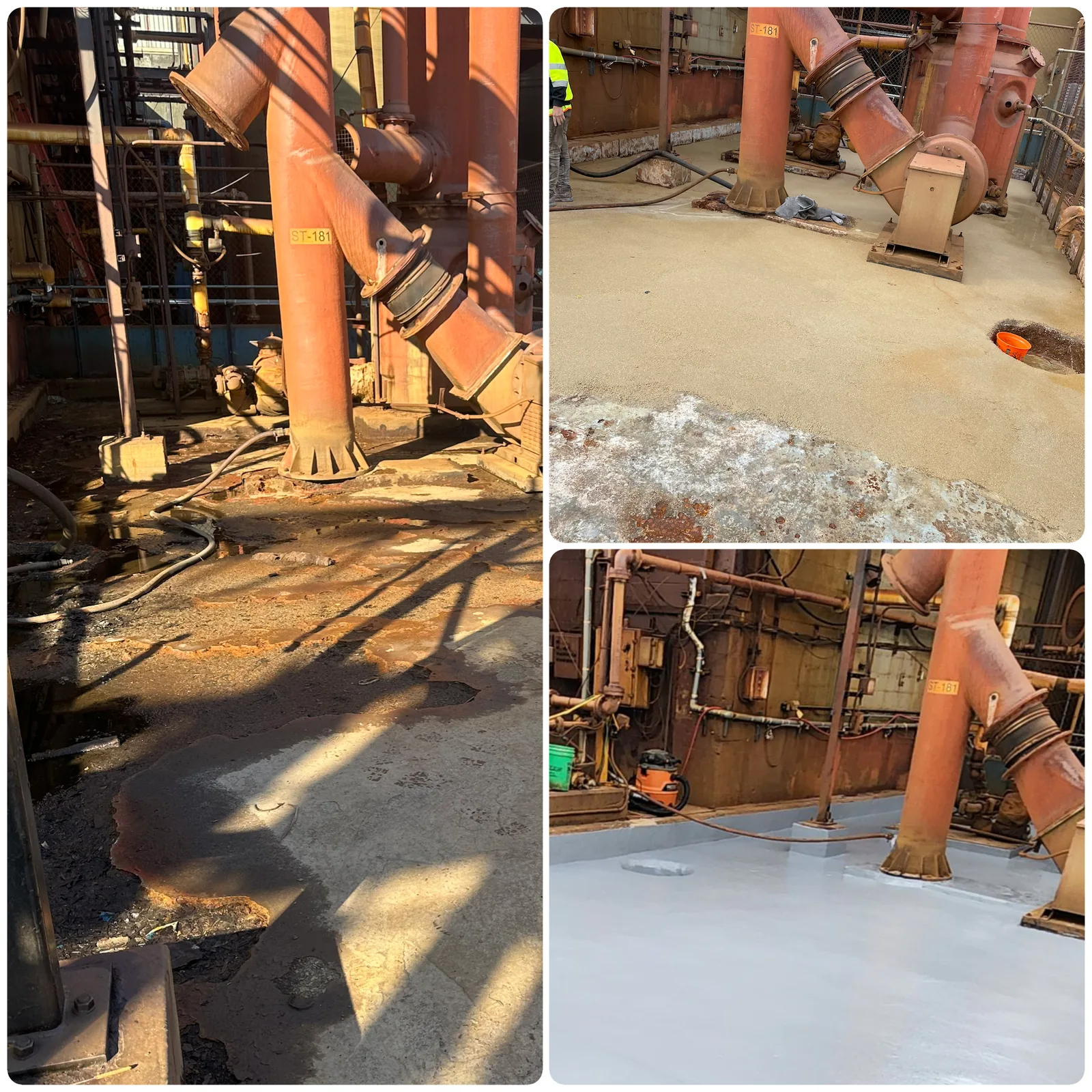 Outdoor process containment pad: corroded, pitted concrete around equipment bases rebuilt and coated as a seamless containment floor, before and after