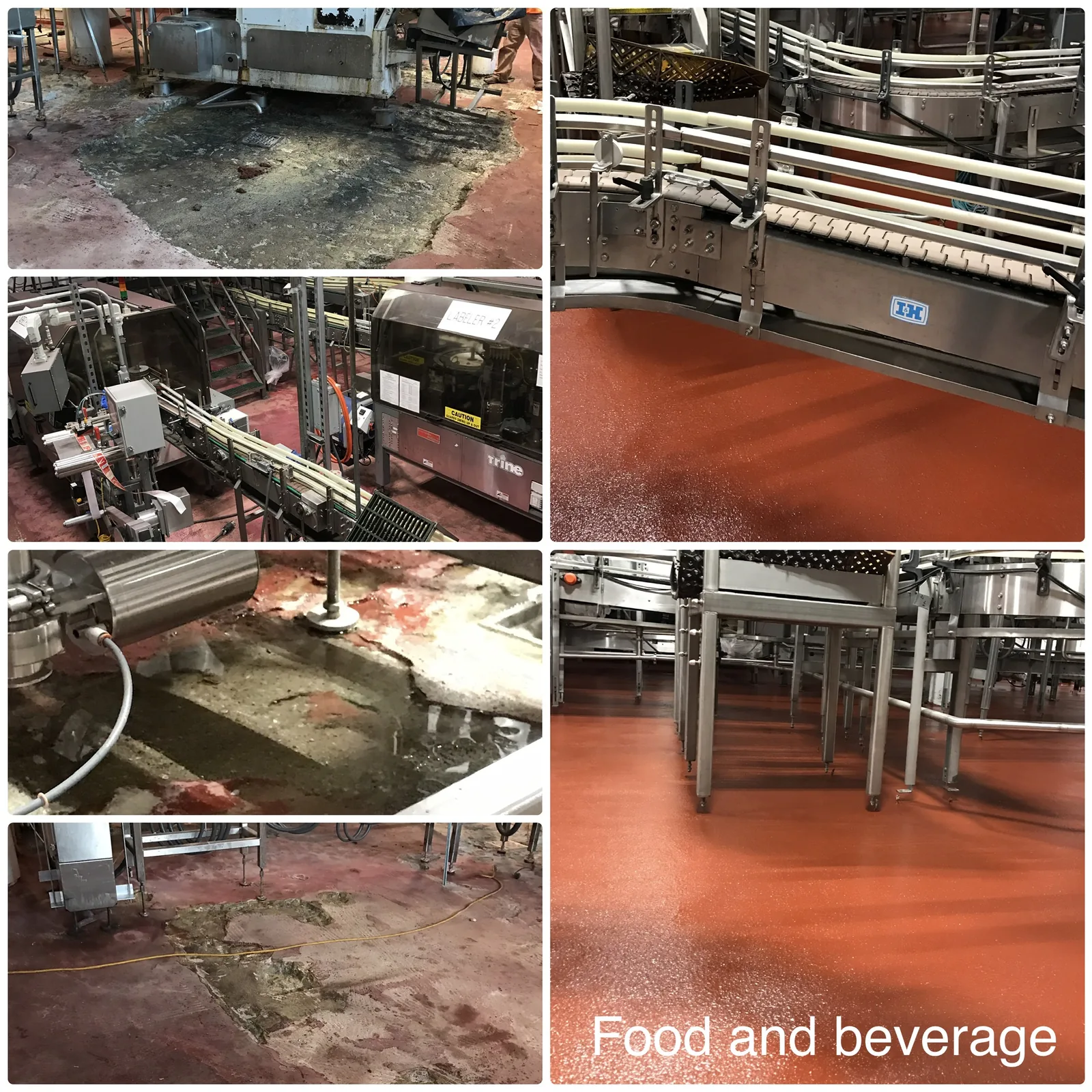 Bottling line: eroded and delaminated floor beneath conveyors and fillers rebuilt with a red seamless floor, before and after