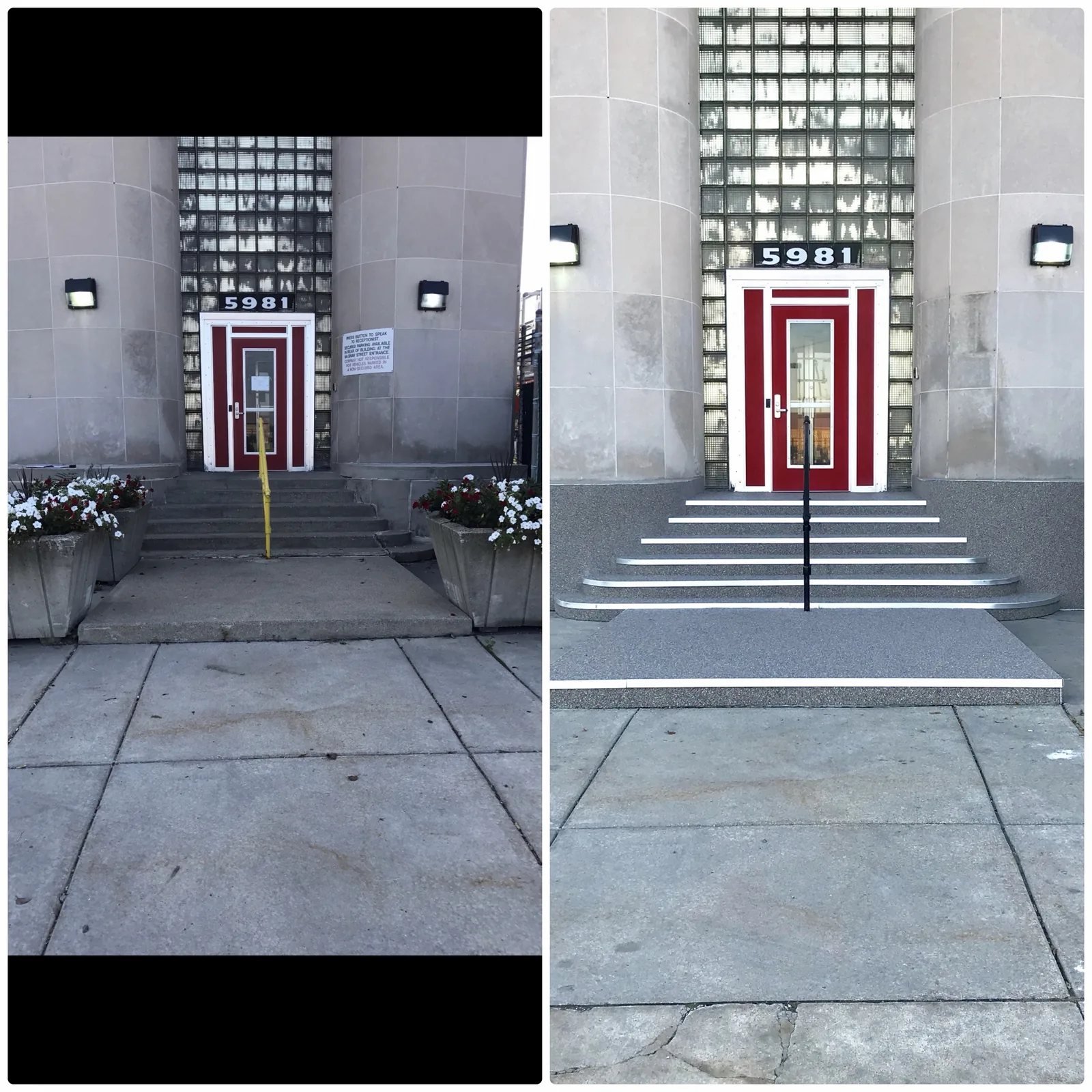 Building entrance designed and installed by Maverick: worn concrete steps and landing rebuilt with a decorative broadcast finish, aluminum nosings and new handrail, before and after