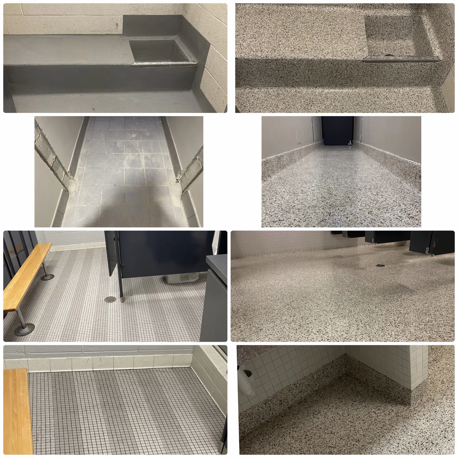 Locker room and shower area: worn mosaic tile and painted benches replaced with a seamless flake broadcast floor carried up benches, curbs and cove base, before and after
