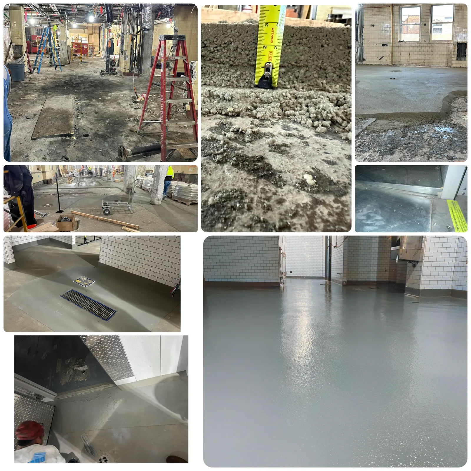 Commercial kitchen renovation in progress: old floor removed, substrate measured and prepared, then a new seamless floor poured with integral cove base and drains