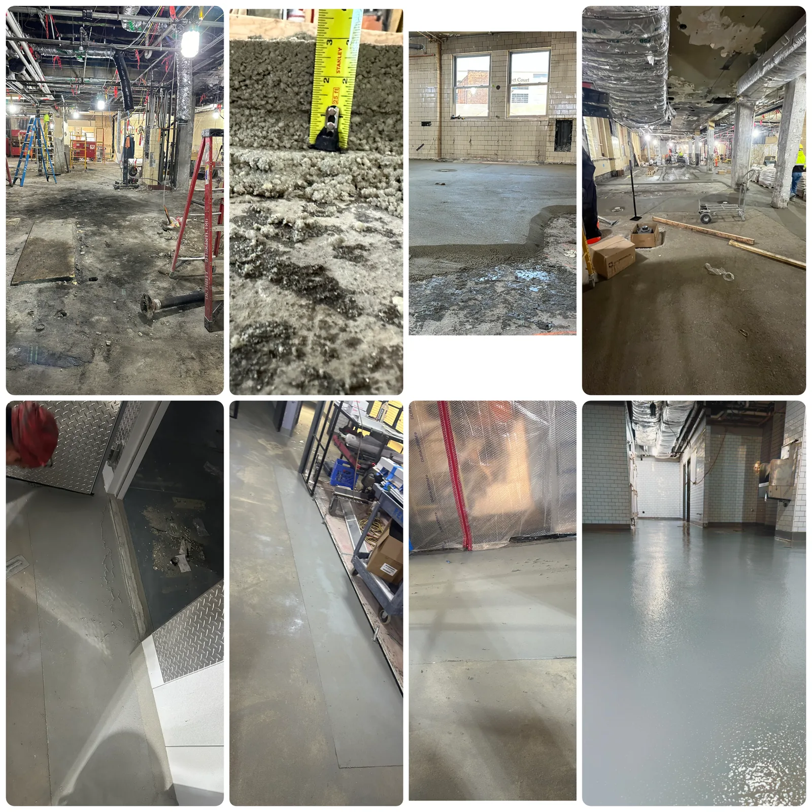 Commercial kitchen renovation: stripped substrate before, and the finished seamless floor with cove base, trench drain and equipment edges after