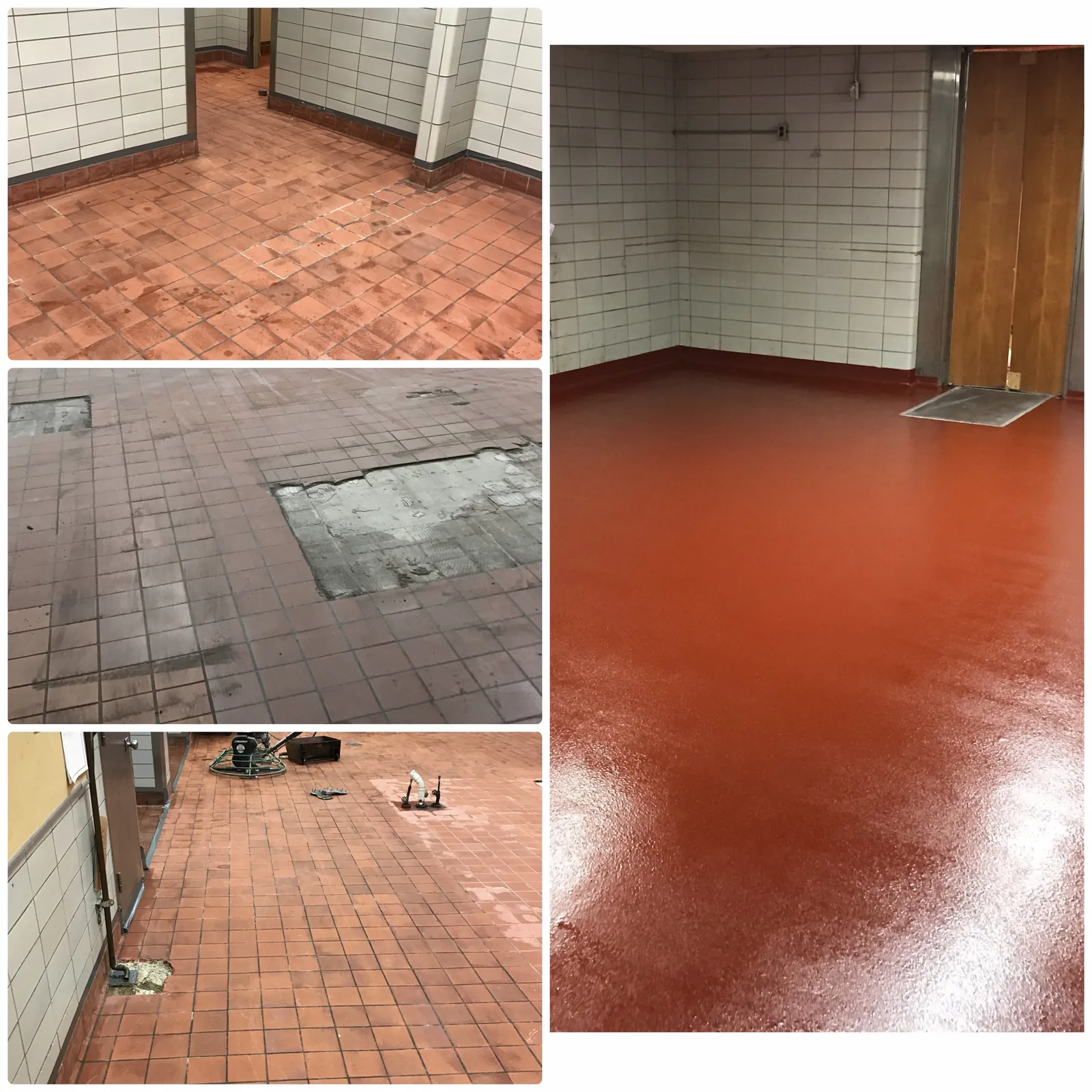Commercial kitchen: failing quarry tile with grout loss and patches removed and replaced with a red seamless floor and integral cove base, before and after