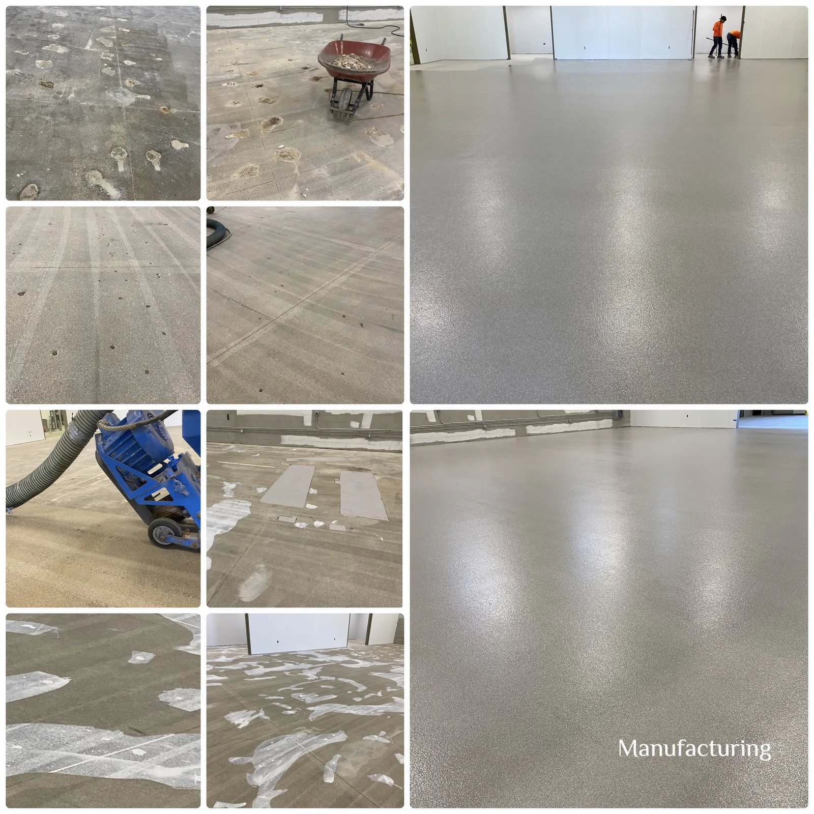 Manufacturing plant floor: pitted and patched slab shot-blasted, filled and finished with a grey broadcast floor, before and after