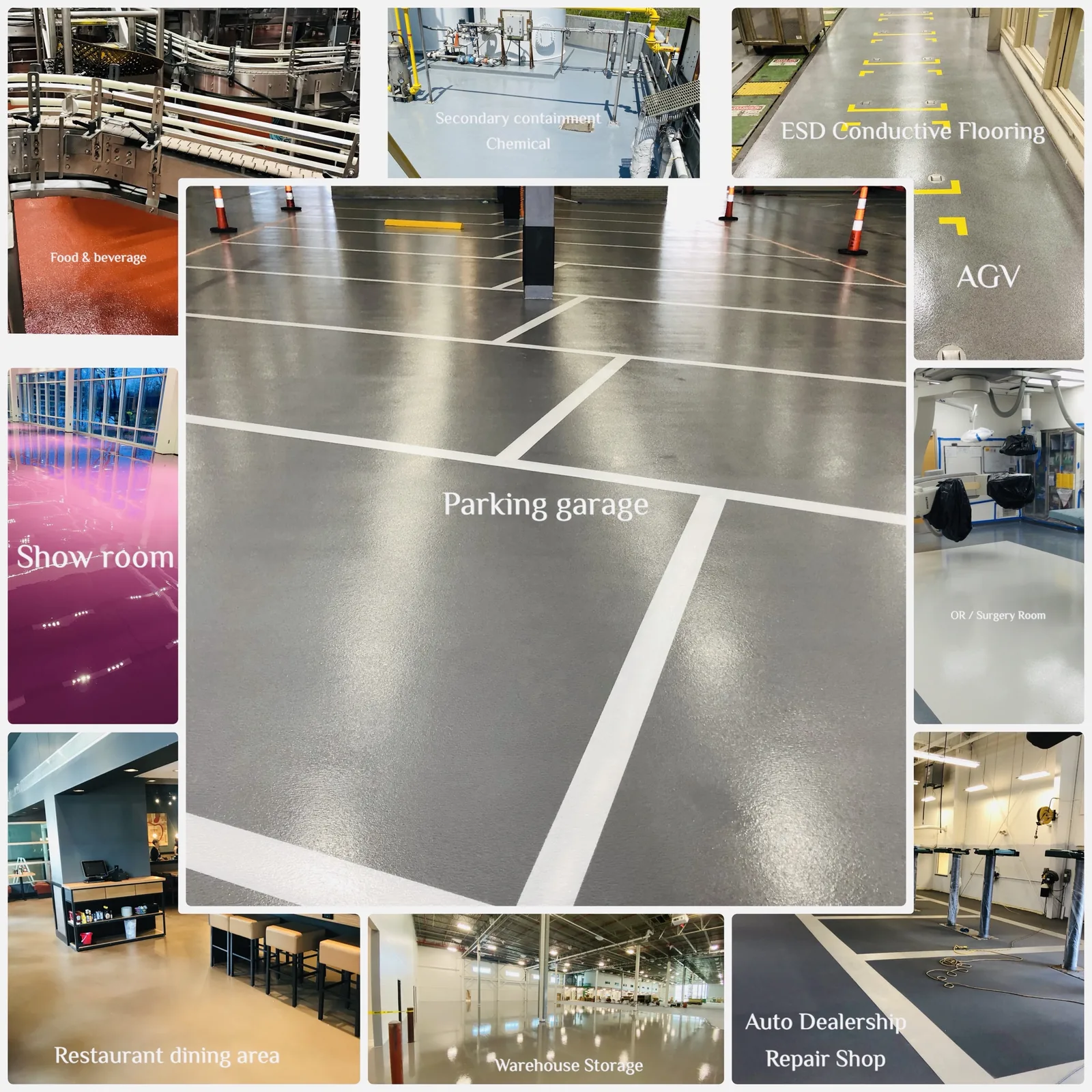 Collage of seamless resinous floors across markets: food and beverage, chemical containment, ESD conductive flooring, AGV lanes, showroom, operating room, parking garage, restaurant, warehouse and dealership service bays
