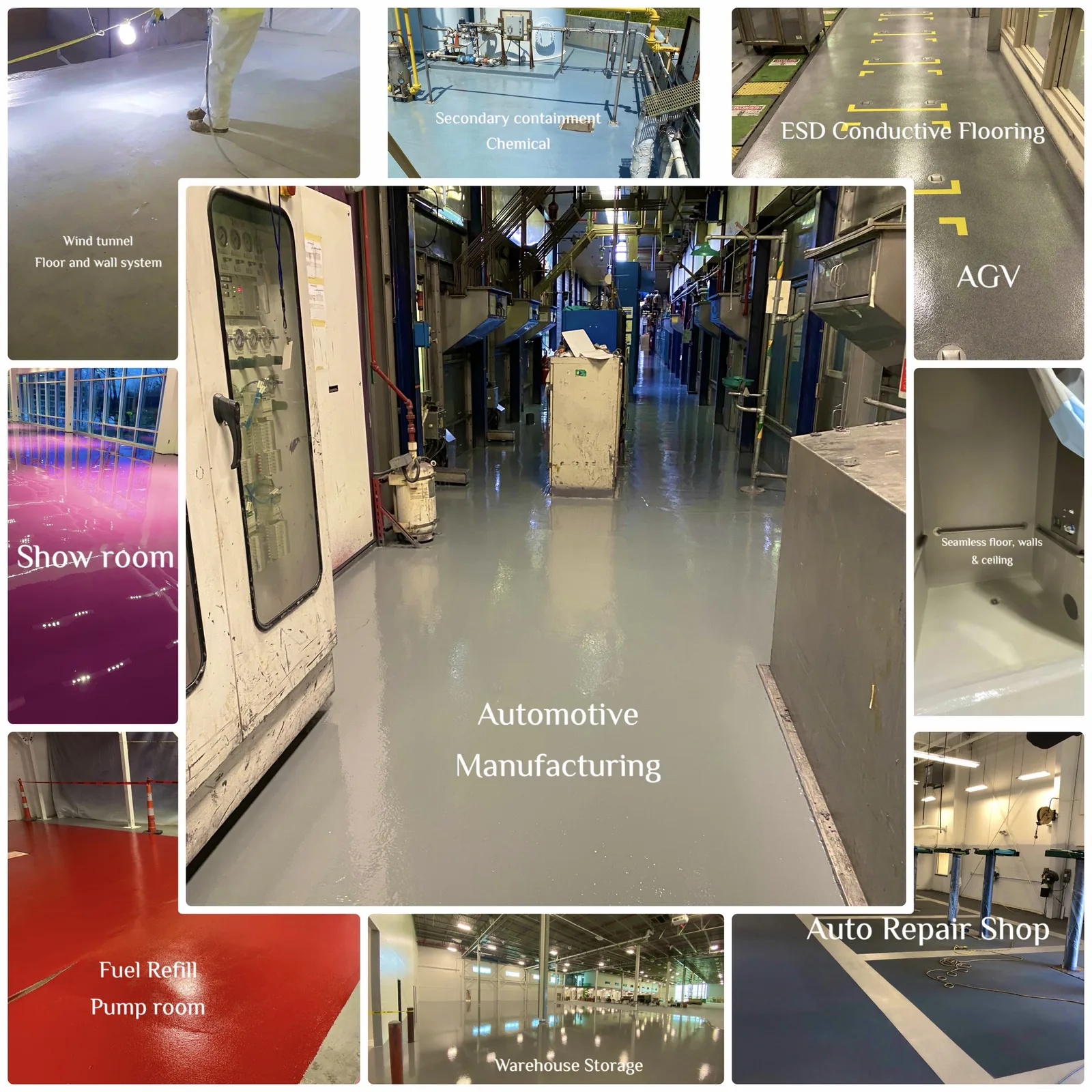 Collage of seamless floor and wall systems: wind tunnel floor and wall system, chemical containment, ESD conductive flooring, AGV lanes, showroom, seamless floor-wall-ceiling room, automotive manufacturing aisle, fuel pump room, warehouse and auto repair shop