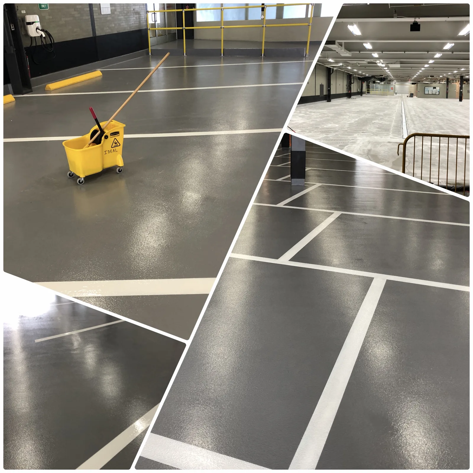 Parking garage with vehicle charging stations: bare ground slab before, grey textured deck coating with white striping and yellow wheel stops after