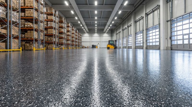 Distribution warehouse aisle with flake broadcast floor and forklift traffic lanes